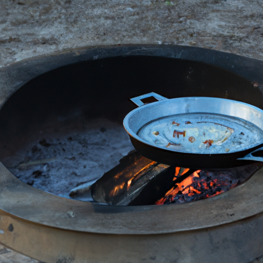 A Dutch oven placed over a campfire, ready to cook a delicious pizza.