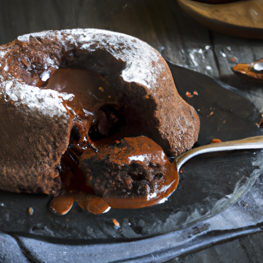 A decadent chocolate lava cake with a gooey center, made using a Dutch oven.